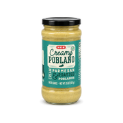 H-E-B Creamy Poblano pasta sauce in a 15 oz glass jar with teal label, front view on white background
