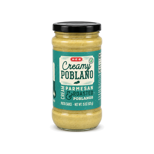 H-E-B Creamy Poblano pasta sauce with cream, Parmesan and roasted poblanos in a 15 oz glass jar with a black lid