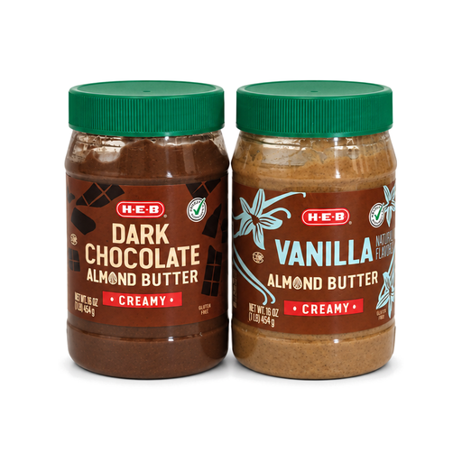 H-E-B Dark Chocolate and Vanilla creamy almond butter jars