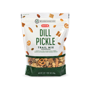 H-E-B Dill Pickle Trail Mix in a 9 oz resealable pouch with green label, front view