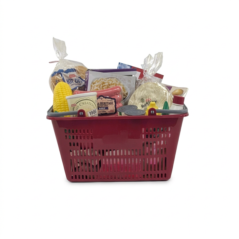 H-E-B Dinner Food Shopping Basket toy, a red play basket filled with pretend groceries like hot dogs, corn, and tortillas