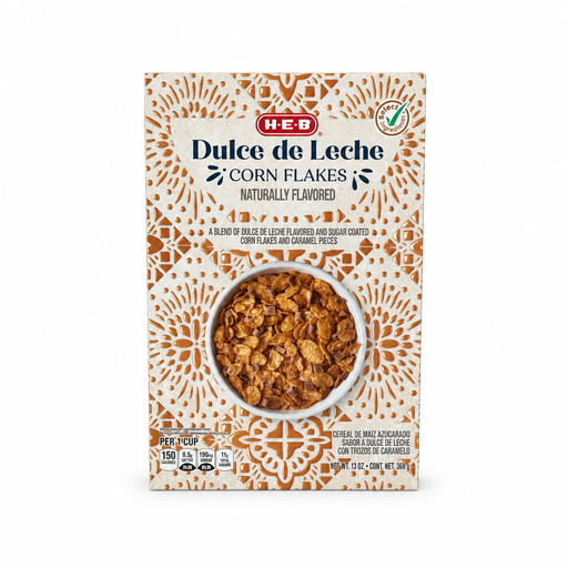 H-E-B Dulce de Leche Corn Flakes cereal, 13 oz box with orange papel picado pattern, front view