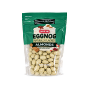H-E-B Limited Edition Eggnog Almonds coated in white chocolate and ground nutmeg in a 12 oz resealable bag