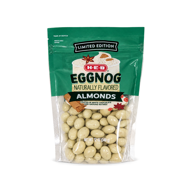 H-E-B Limited Edition Eggnog Almonds coated in white chocolate and ground nutmeg in a 12 oz resealable bag