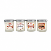 Four H-E-B Flavor Favorites fall scented candles: Pumpkin Chai Tres Leches, White Pumpkin, Maple Pecan Pie, Pumpkin Pie