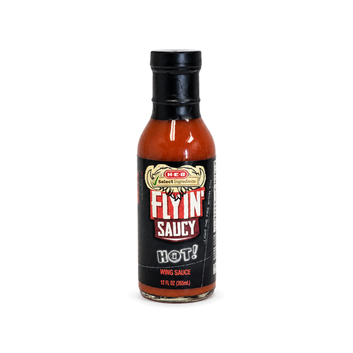 H-E-B Flyin' Saucy Hot Wing Sauce, 12 fl oz red-orange bottle with red label, front view