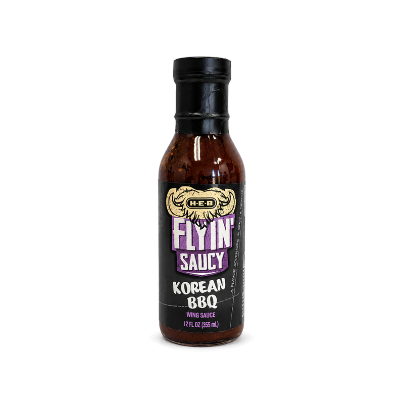 H-E-B Flyin' Saucy Korean BBQ Wing Sauce, 12 fl oz bottle with purple label, front view