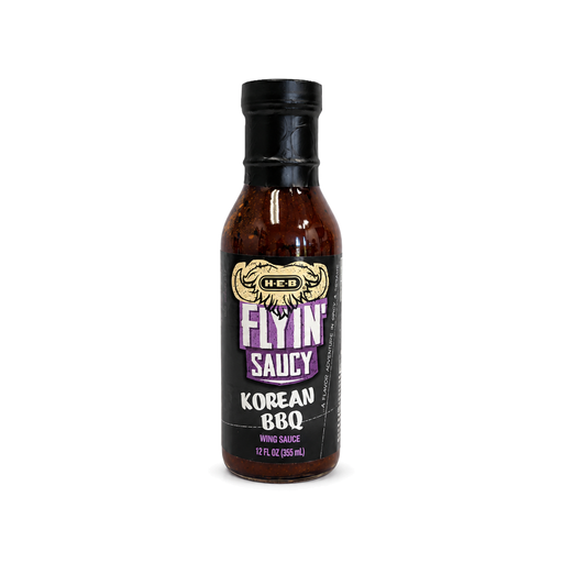 H-E-B Flyin' Saucy Korean BBQ Wing Sauce in a 12 fl oz bottle, a spicy sesame sauce for wings, ribs and stir-fry