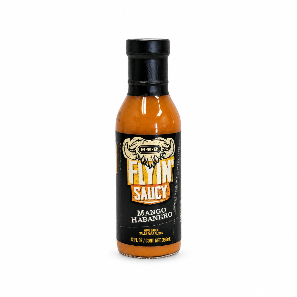 H-E-B Flyin' Saucy Mango Habanero Wing Sauce, 12 fl oz orange bottle with yellow label