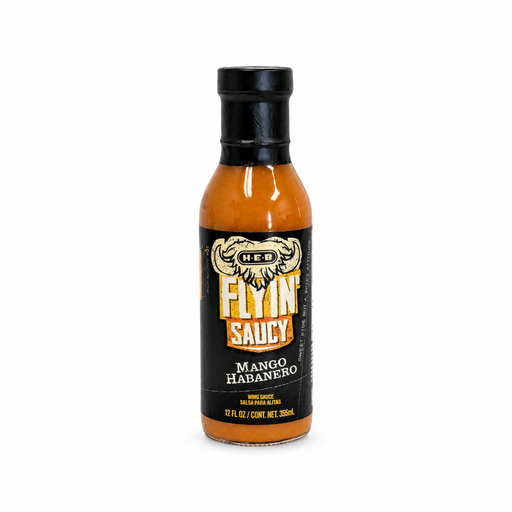 H-E-B Flyin' Saucy Mango Habanero Wing Sauce, 12 fl oz orange bottle with yellow label