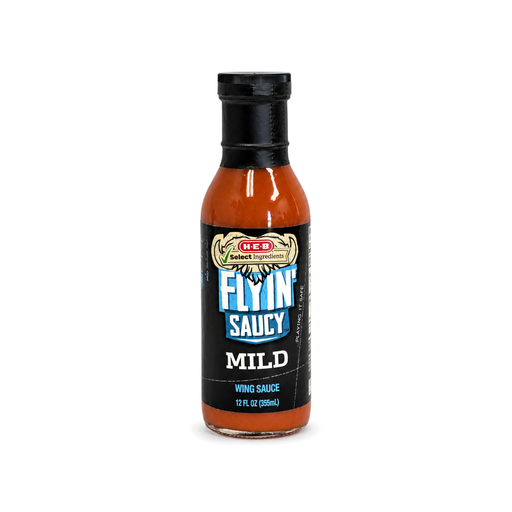 H-E-B Flyin' Saucy Mild Wing Sauce, 12 fl oz orange bottle with blue label, front view