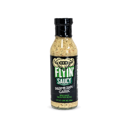 H-E-B Flyin' Saucy Parmesan Garlic Wing Sauce, 12 fl oz creamy bottle with green label