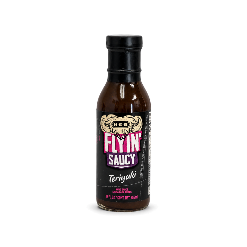 H-E-B Flyin' Saucy Teriyaki Wing Sauce, 12 fl oz dark bottle with pink label, front view