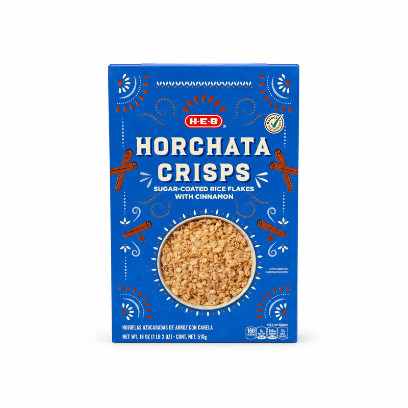 H-E-B Horchata Crisps cinnamon rice cereal, 18 oz blue patterned box, front view