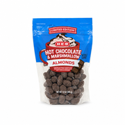 H-E-B Hot Chocolate & Marshmallow Almonds, 12 oz resealable bag, coated in milk chocolate and hot cocoa powder