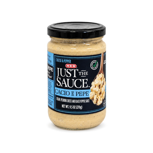 H-E-B Just the Sauce Cacio e Pepe, a cream, pecorino cheese and black pepper pasta sauce in a 9.5 oz glass jar