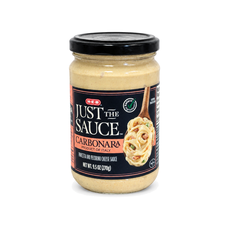 Jar of H-E-B Just the Sauce Carbonara pasta sauce