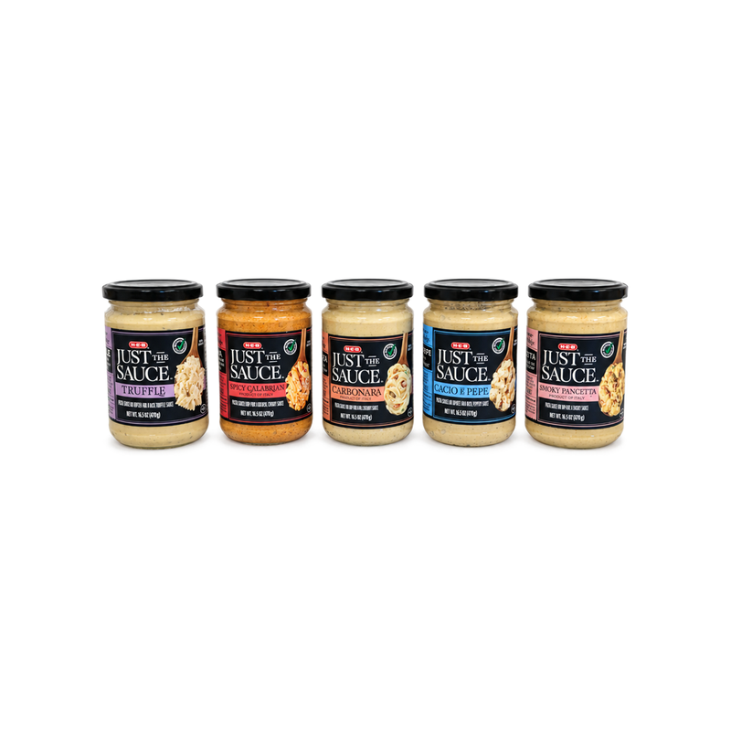 Five H-E-B Just the Sauce pasta sauce jars lined up