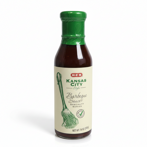 H-E-B Kansas City Style Barbeque Sauce, Specialty Series, in a 14 oz glass bottle with a green foil cap