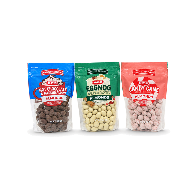 H-E-B Limited Edition chocolate-coated almonds in Hot Chocolate & Marshmallow, Eggnog, and Candy Cane flavors, 12 oz bags