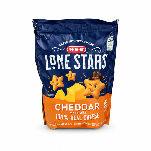 H-E-B Lone Stars Cheddar star-shaped crackers in an 11 oz bag, made with 100% real cheese and baked with Texas pride