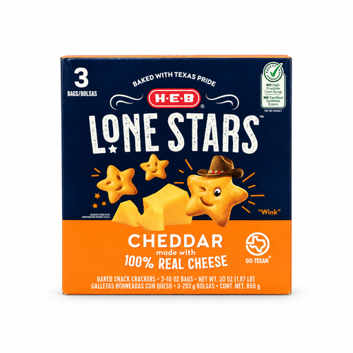 H-E-B Lone Stars Cheddar baked snack crackers, 3-pack box of 10 oz bags, star-shaped and made with 100% real cheese