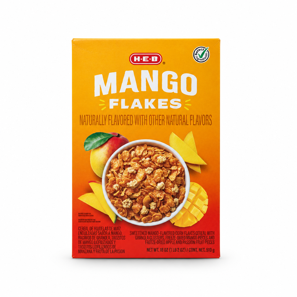 H-E-B Mango Flakes cereal, 18 oz orange and yellow box with mango slices, front view