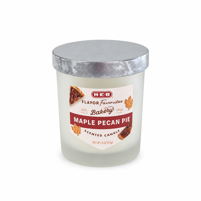 H-E-B Flavor Favorites Maple Pecan Pie scented candle, 4 oz, in a frosted glass jar with pecan pie and maple leaf label art.