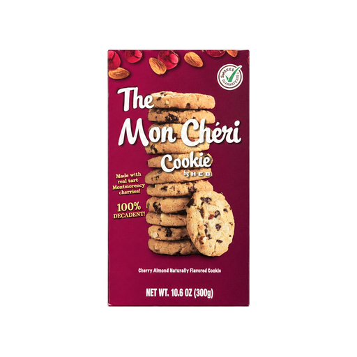 H-E-B The Mon Chéri Cookie, cherry almond flavor, maroon box with a stack of cookies