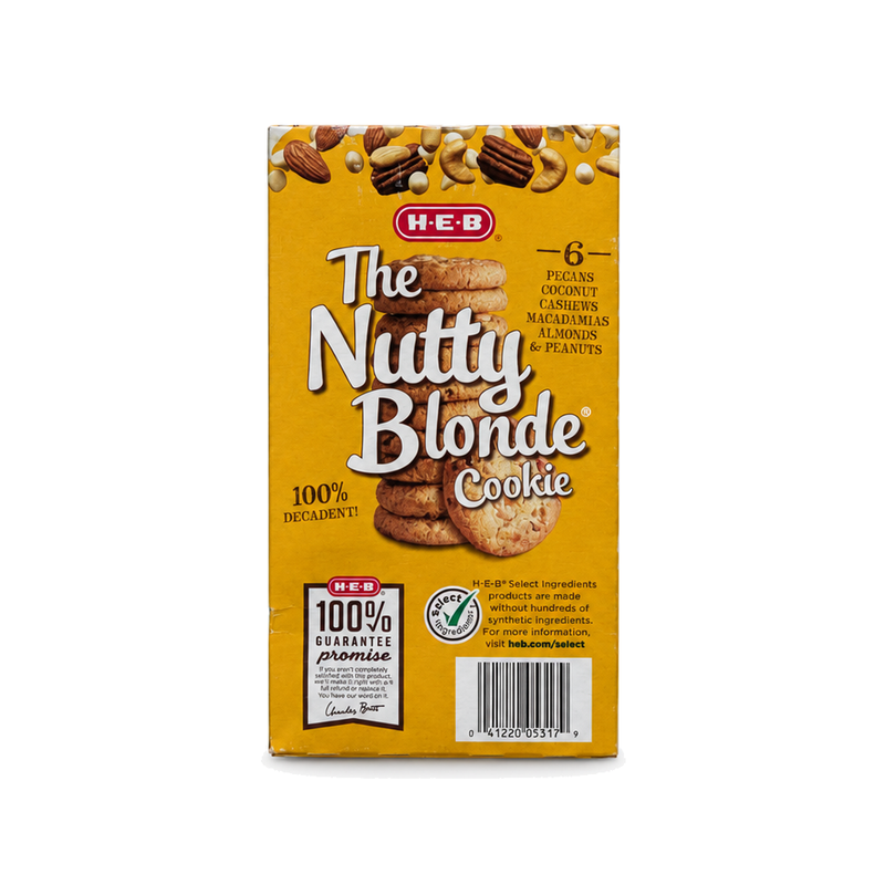 H-E-B The Nutty Blonde Cookie in a gold box with nut-filled cookies, front view