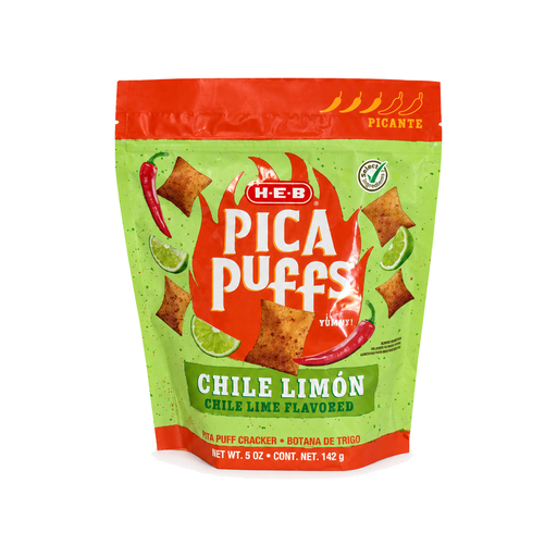 H-E-B Pica Puffs Chile Limón pita puff crackers in a red and green 5 oz bag, front view