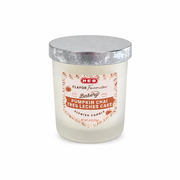 H-E-B Flavor Favorites Pumpkin Chai Tres Leches Cake scented candle, 4 oz, in a frosted glass jar with metal lid.