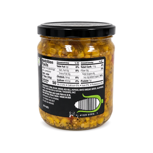 H-E-B Relish That Corn glass jar back label with nutrition facts and ingredients: corn, red bell peppers, jalapeños
