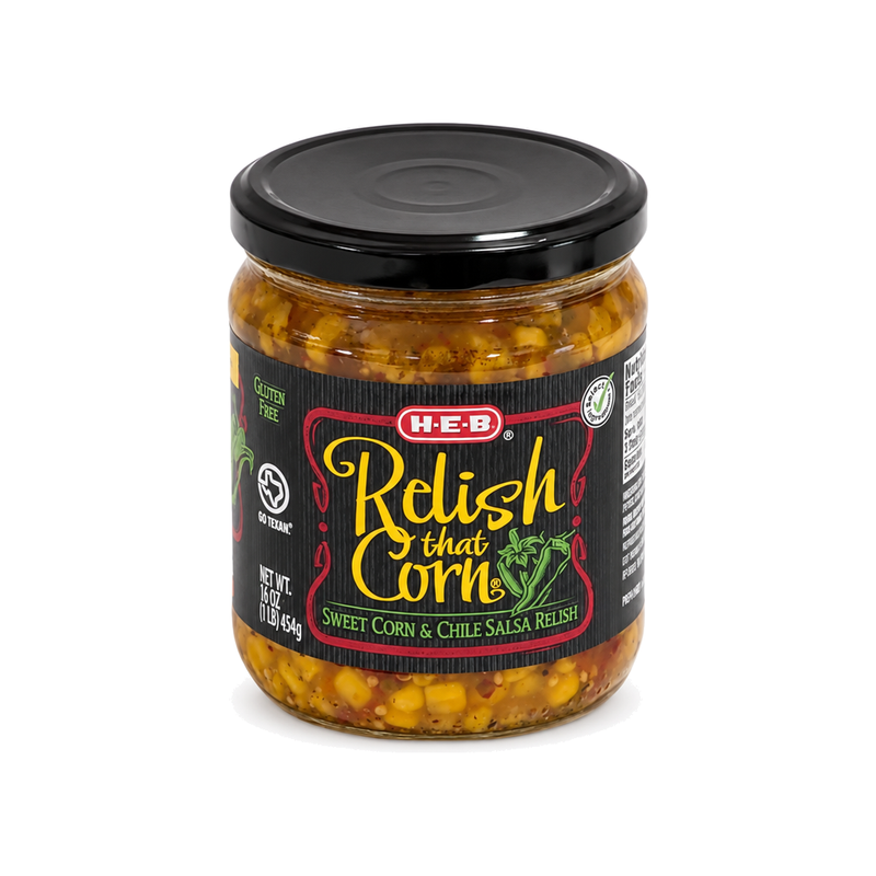 H-E-B Relish That Corn sweet corn and chile salsa relish in a 16 oz glass jar, front label view