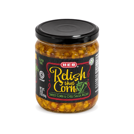 H-E-B Relish That Corn Sweet Corn & Chile Salsa Relish in a 16 oz glass jar with black lid, gluten free, Go Texan label