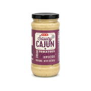 H-E-B Saucy Cajun pasta sauce in a 15 oz glass jar with purple label, front view on white background