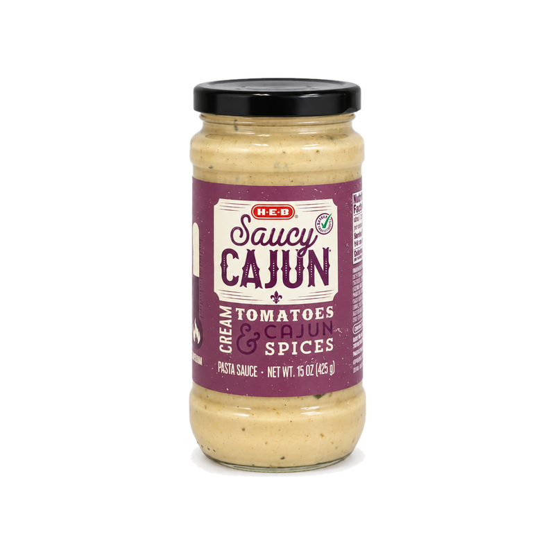 H-E-B Saucy Cajun pasta sauce in a 15 oz glass jar with purple label, front view on white background
