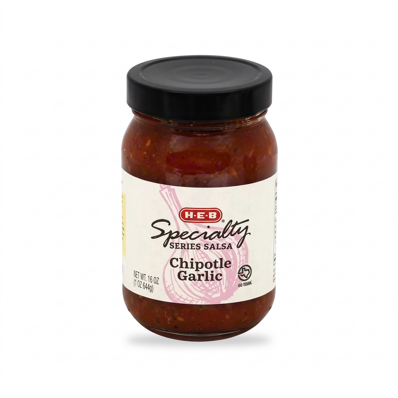 H-E-B Specialty Series Chipotle Garlic Salsa in a 16 oz glass jar, a smoky chipotle salsa with bold garlic flavor