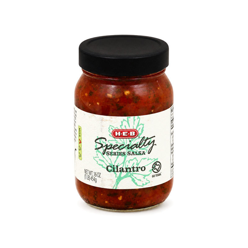 H-E-B Specialty Series Cilantro Salsa, Mild, in a 16 oz glass jar, a chunky GO TEXAN salsa with visible cilantro