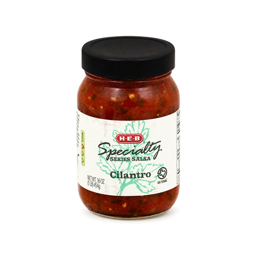 H-E-B Specialty Series Cilantro Salsa, mild, 16 oz glass jar with black lid, front view