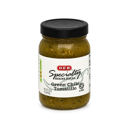 H-E-B Specialty Series Green Chile Tomatillo Salsa, 16 oz jar of green salsa, front view