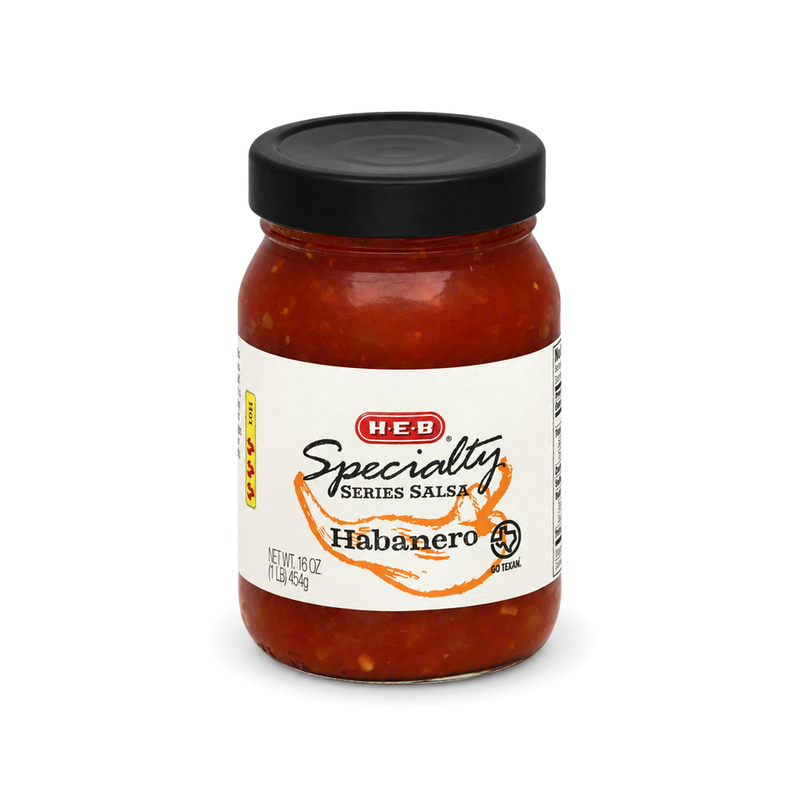 H-E-B Specialty Series Habanero Salsa, Hot, in a 16 oz glass jar with a habanero pepper label, a spicy GO TEXAN salsa