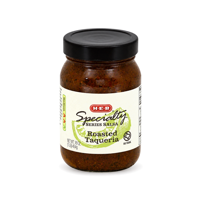 H-E-B Specialty Series Roasted Taqueria Salsa, Medium, in a 16 oz jar, a dark roasted taqueria-style salsa for street tacos