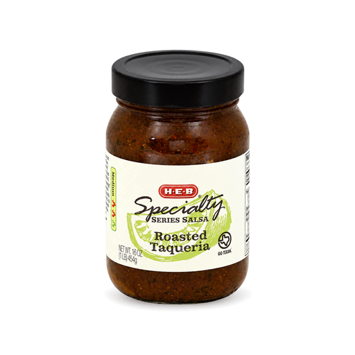 H-E-B Specialty Series Roasted Taqueria Salsa, 16 oz jar of dark roasted salsa, front view
