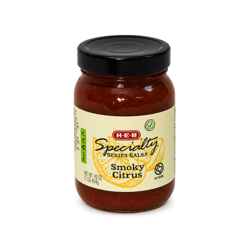 H-E-B Specialty Series Smoky Citrus Salsa, Mild, in a 16 oz jar, a smoky, tangy salsa for fish tacos and grilled chicken