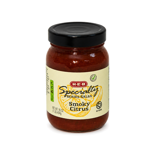 H-E-B Specialty Series Smoky Citrus Salsa, mild, 16 oz glass jar with black lid, front view