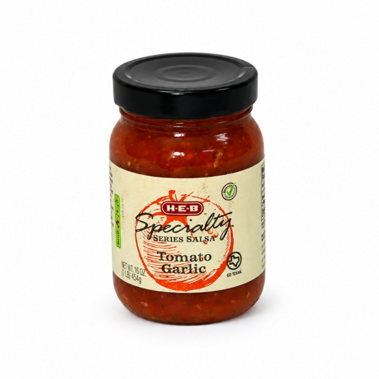 H-E-B Specialty Series Tomato Garlic Salsa in a 16 oz jar, a garlicky tomato salsa for dipping and grilled meats