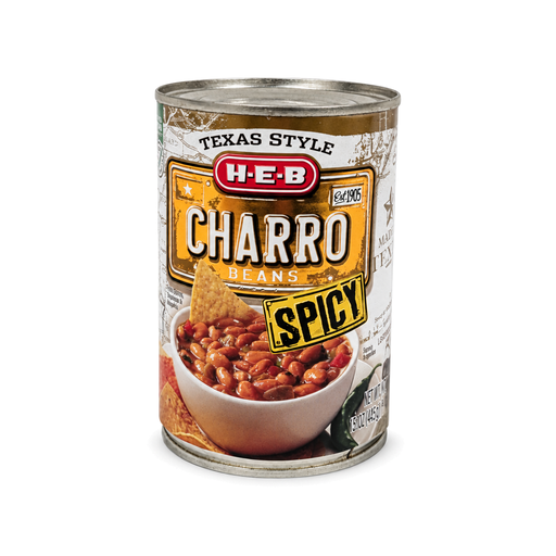 H-E-B Texas Style Spicy Charro Beans 15 oz can, shown in a bowl with tortilla chips for an easy Tex-Mex side dish