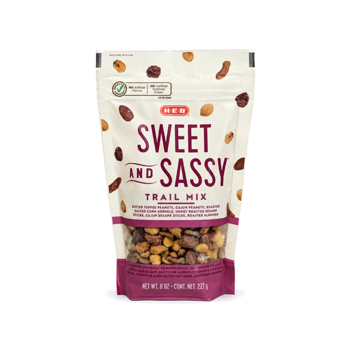 H-E-B Sweet and Sassy Trail Mix in an 8 oz resealable pouch with pink label, front view