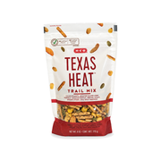 H-E-B Texas Heat Trail Mix in a 6 oz resealable pouch with red label, front view